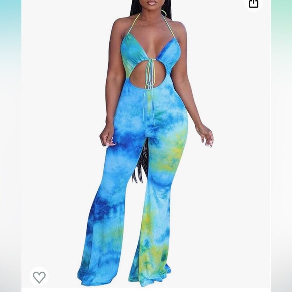 Remelon Spaghetti Strap Halter Tie Dye Print Cut Out Jumpsuit NWOT size large